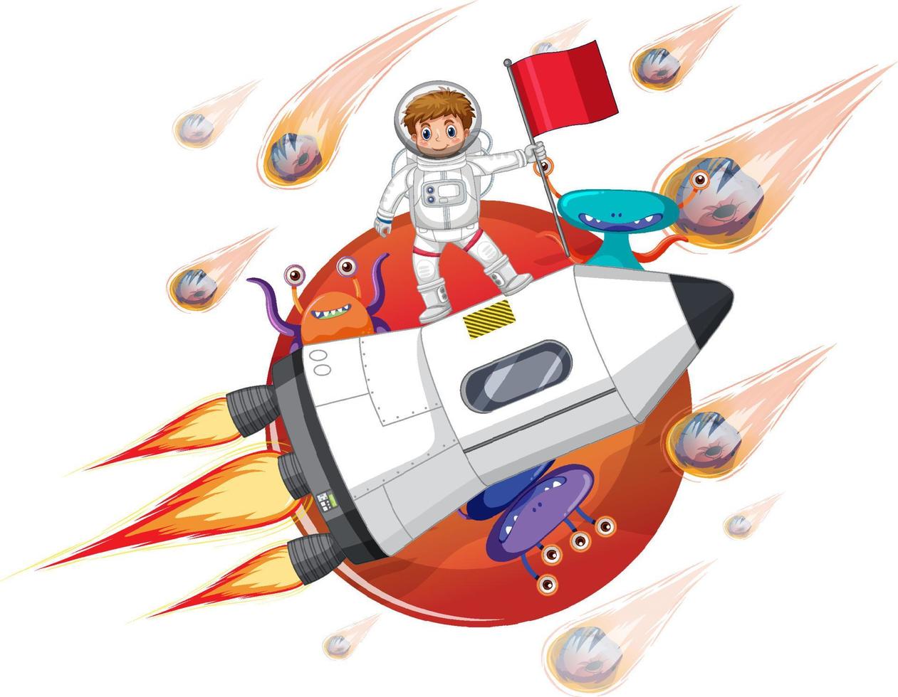 An astronaut on rocketship with aliens in cartoon style vector