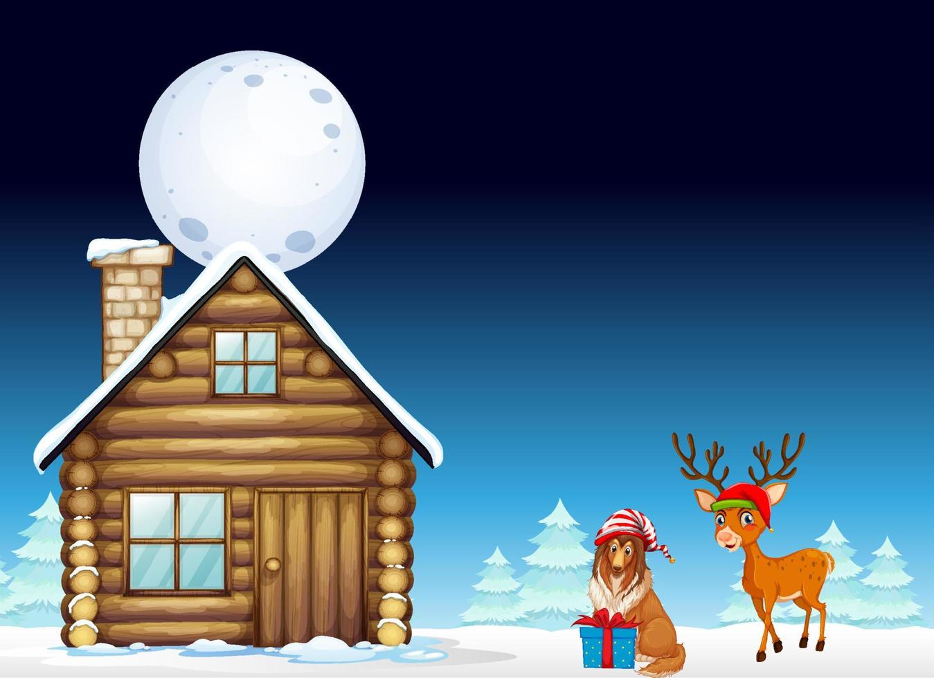 Snowy winter night with reindeer and dog standing by a house vector