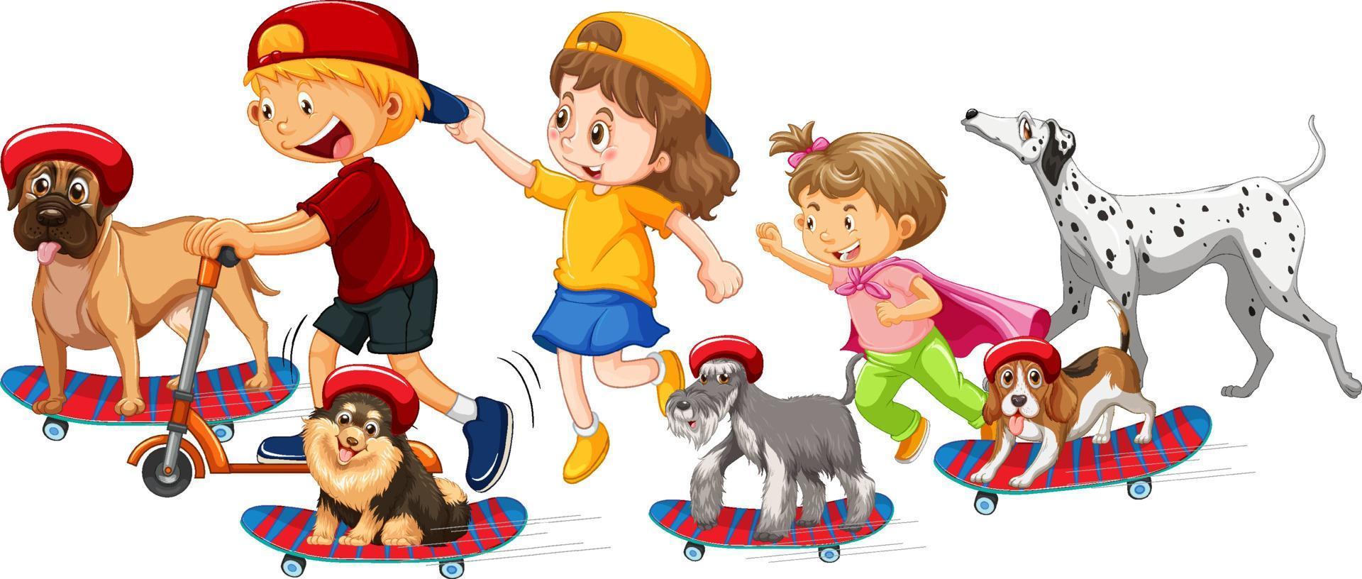 Children with their dogs on skateboards vector