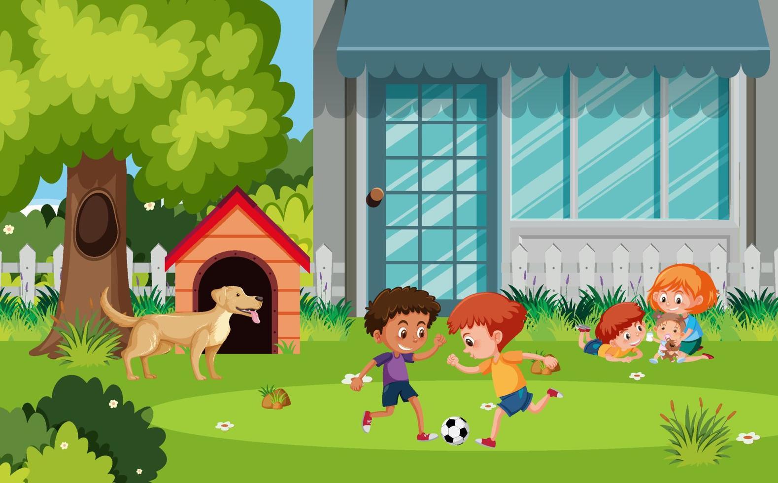 escena al aire libre del patio de recreo con niños jugando al fútbol vector