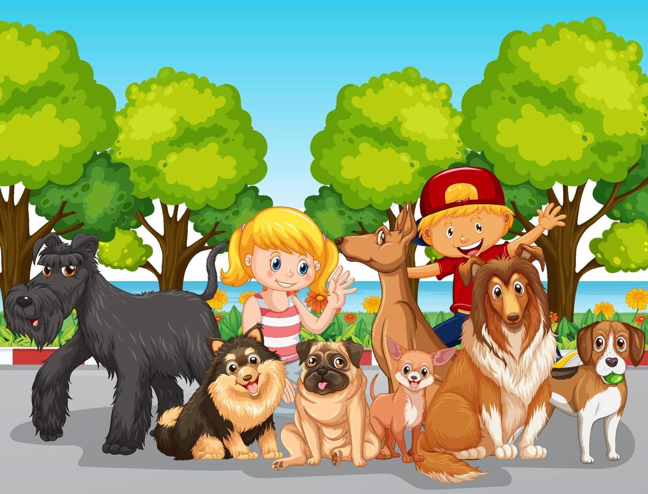 Escena del parque con niños jugando con sus perros. vector