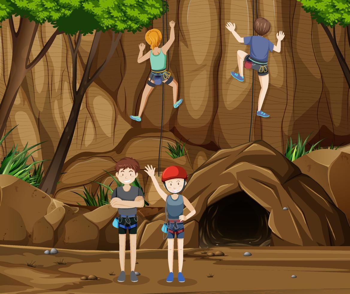 escena de escalada en roca con gente escalando la cueva vector