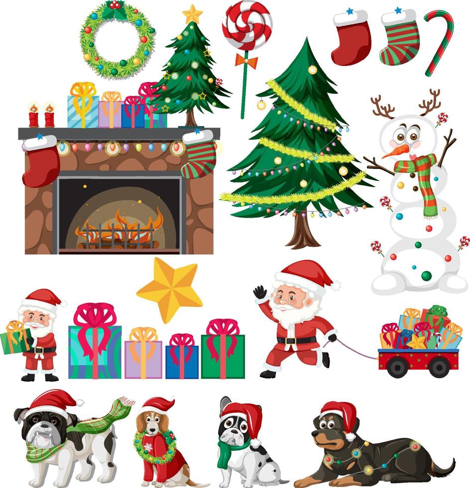 set de navidad con arbol y adornos vector