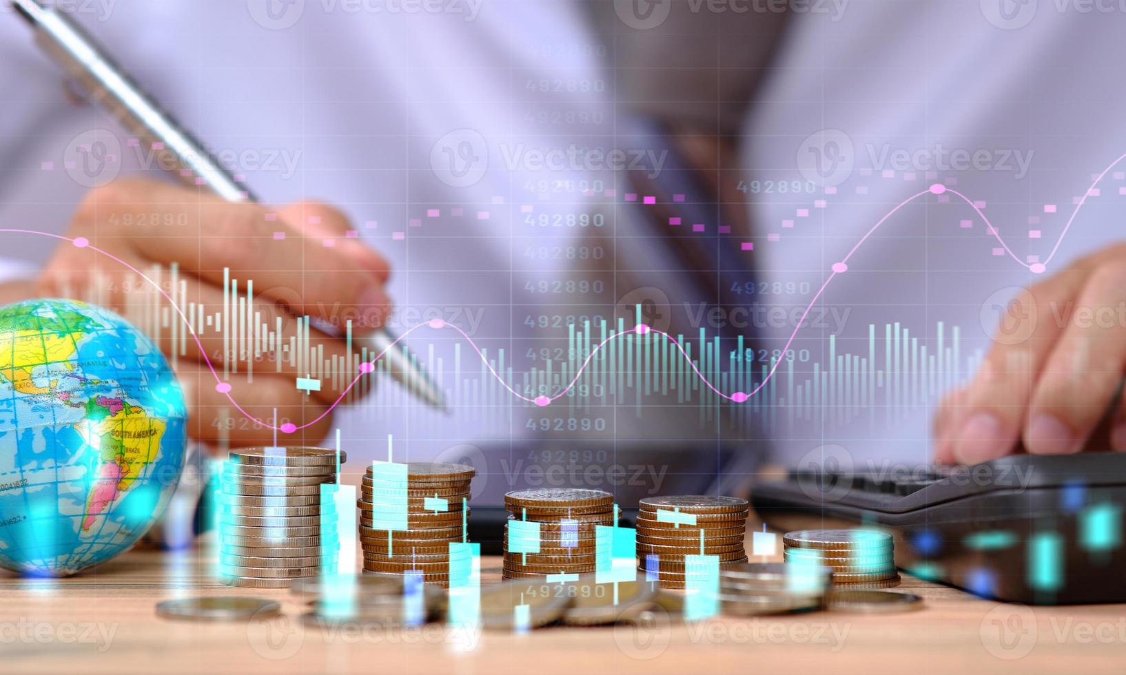 Double exposure of trading and analytical data on stock market investments, funds, and digital assets, economy, financial, banking, and currency exchange, business investment, and finance technology photo