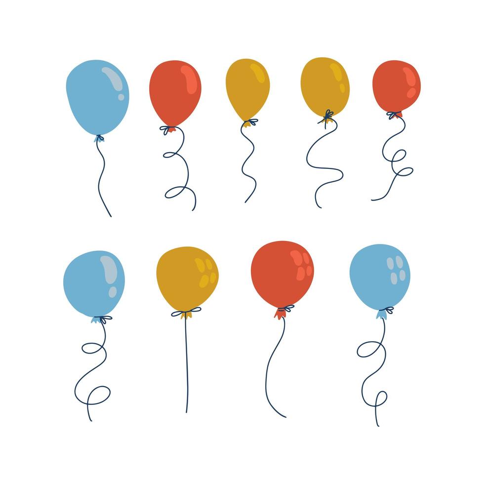 globos azules, amarillos y rojos en estilo plano de dibujos animados aislados en fondo blanco. conjunto de vectores para la decoración de venta.