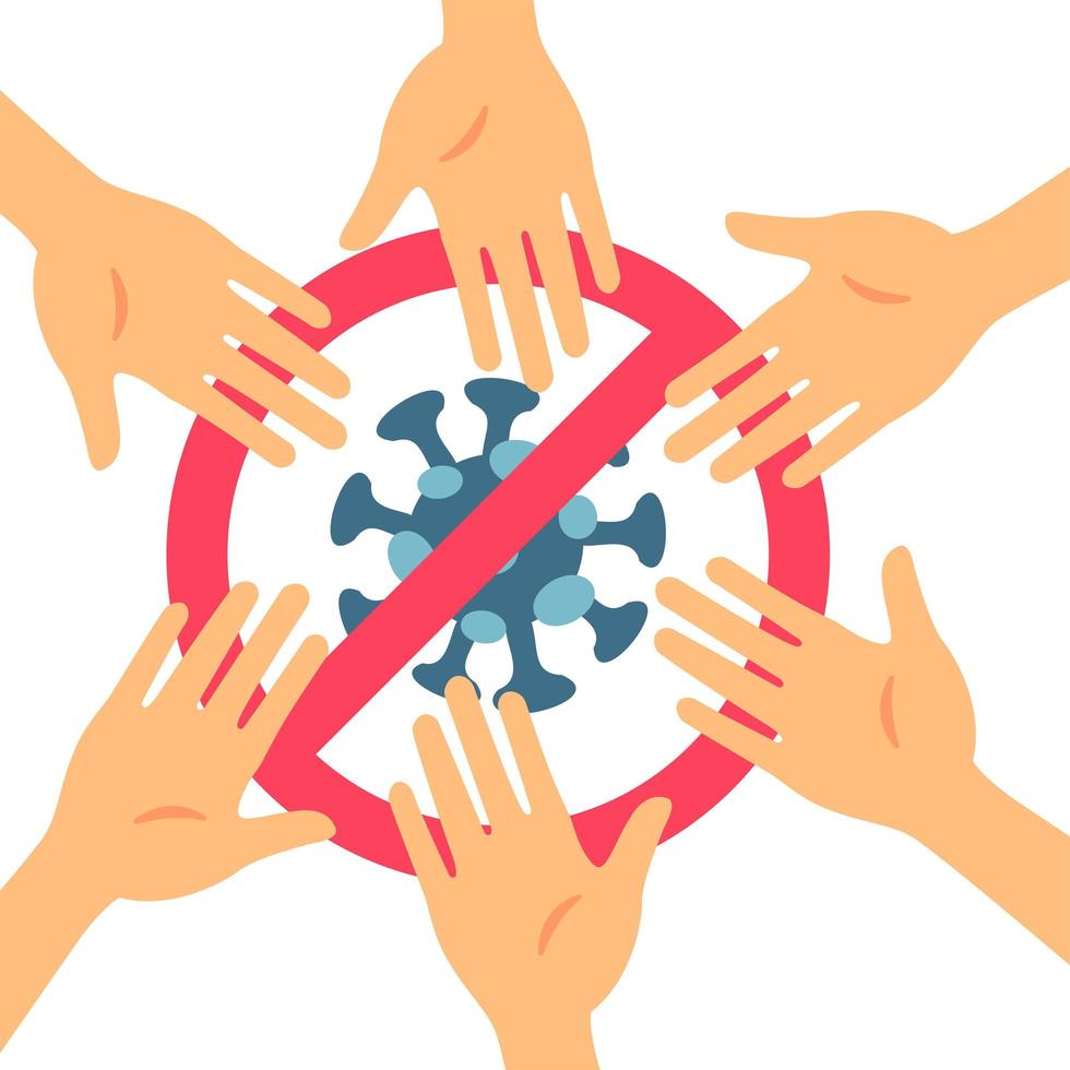 Stop coronavirus with red prohibit no hand touching sign in a flat design concept background. Round of 6 hand palms. Prohibition of Bodily contact. vector