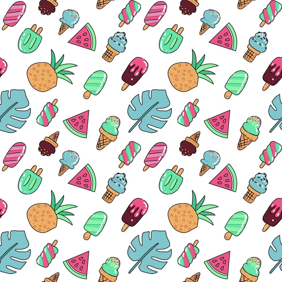 Seamless summer vacation icons pattern with ice cream, watermelon, pineapple and palm leaves. Vector hand drawn color outline illustration on white background