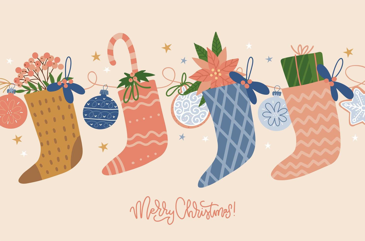 Holiday Merry Christmas card. Hanging Christmas stocking, balls on rope, border isolated on beige background. Merry Christmas handwritten lettering text. Flat vector illustration.