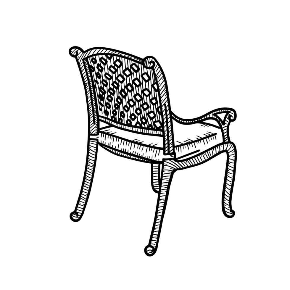 Wicker garden chair sketch. Outdoor street cafe furniture. Vector hand drawn illustration isolated on white background. Side rear view.