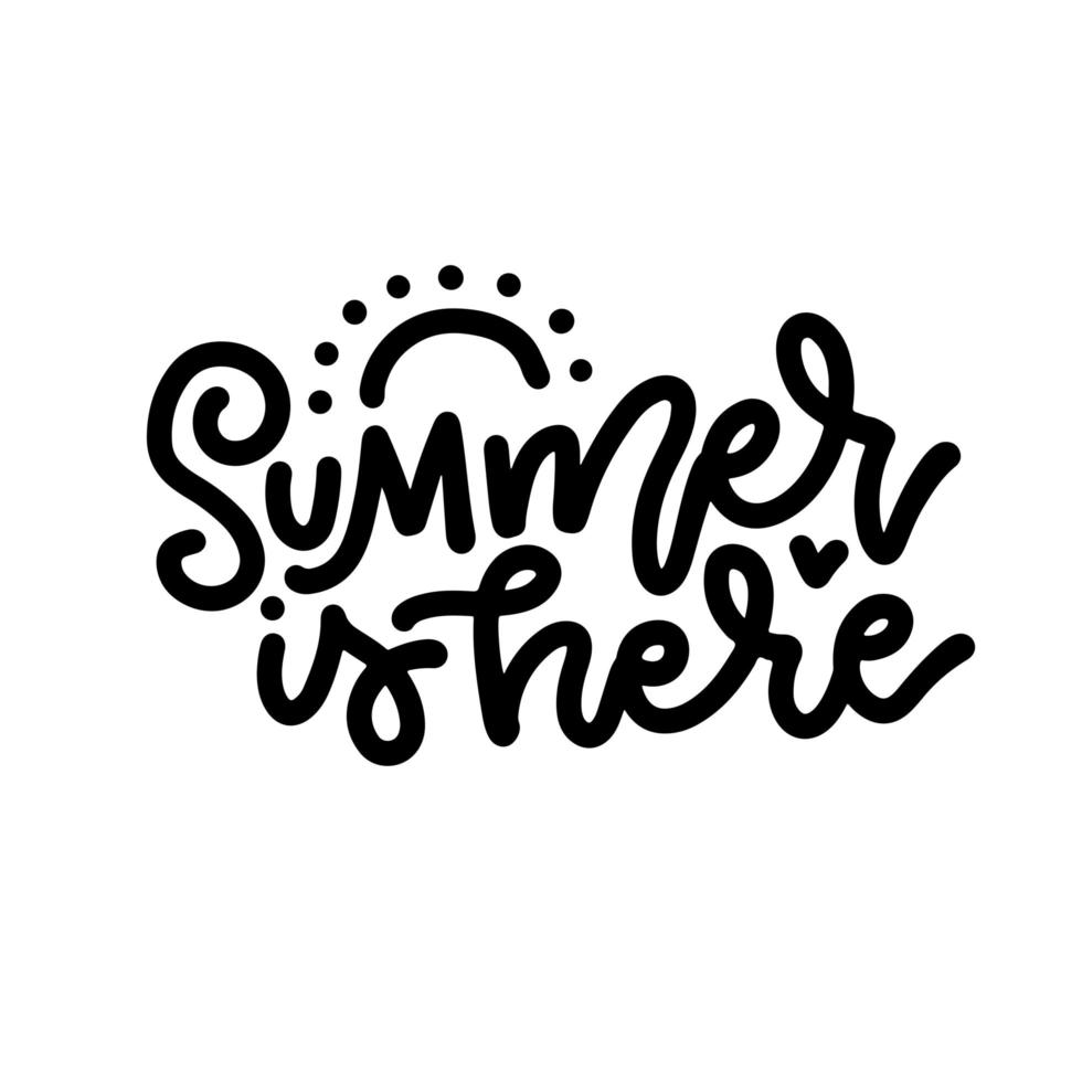 Linear calligraphy lettering- Summer is here. Black line hand written quote on white background, vacation theme, for poster, season greeting card, banner, logo, web symbol, sign, heading. vector text