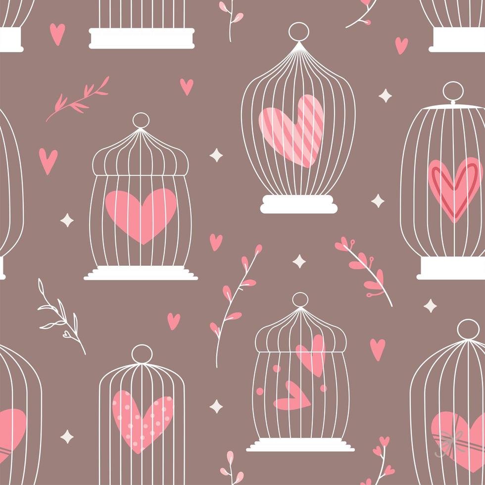 Seamless decorative spring pattern with cages and hearts inside. valentine s day concept. Vector illustration.