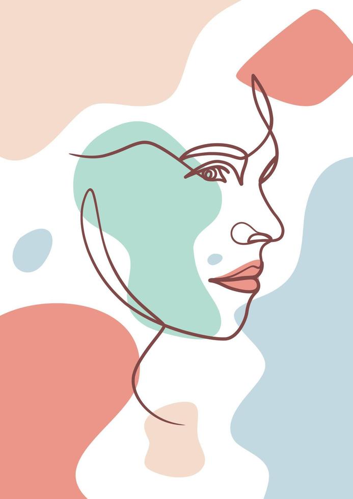 Woman face one line art drawing poster. Continuous line drawing style vector