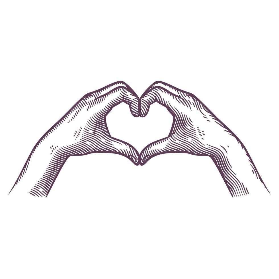 Hand fingers making heart shape in engraving style vector
