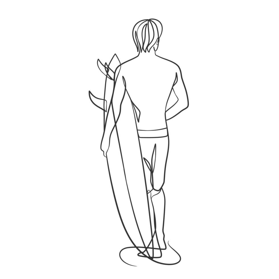 Continuous line drawing of a surfer with a surfboard vector