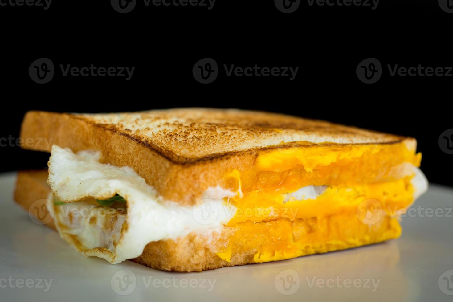 Homemade sandwich concept. Grill two bread with fried egg on white plate with copyspace. photo