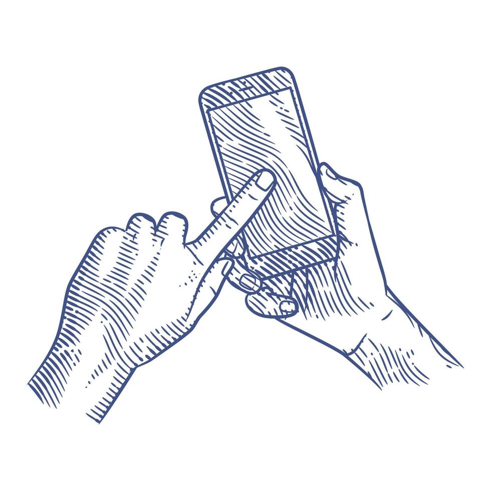 Hand holding smart phone in engraving style vector