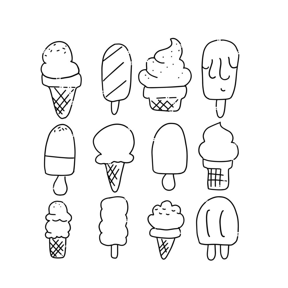 Line hand drawn art icecream icons set.Dessert food, sweet and cold.Set of various doodles, hand drawn rough simple ice cream sketches.Vector scribble, scrawl illustration isolated on white background vector