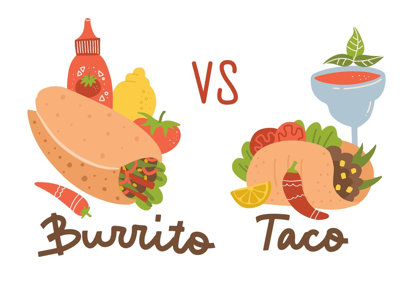 Mexican food set. Burrito vs taco. Colored collection with burrito, taco, chilli, margarita cocktail and sauce. Vector illustration in flat style, cartoon style