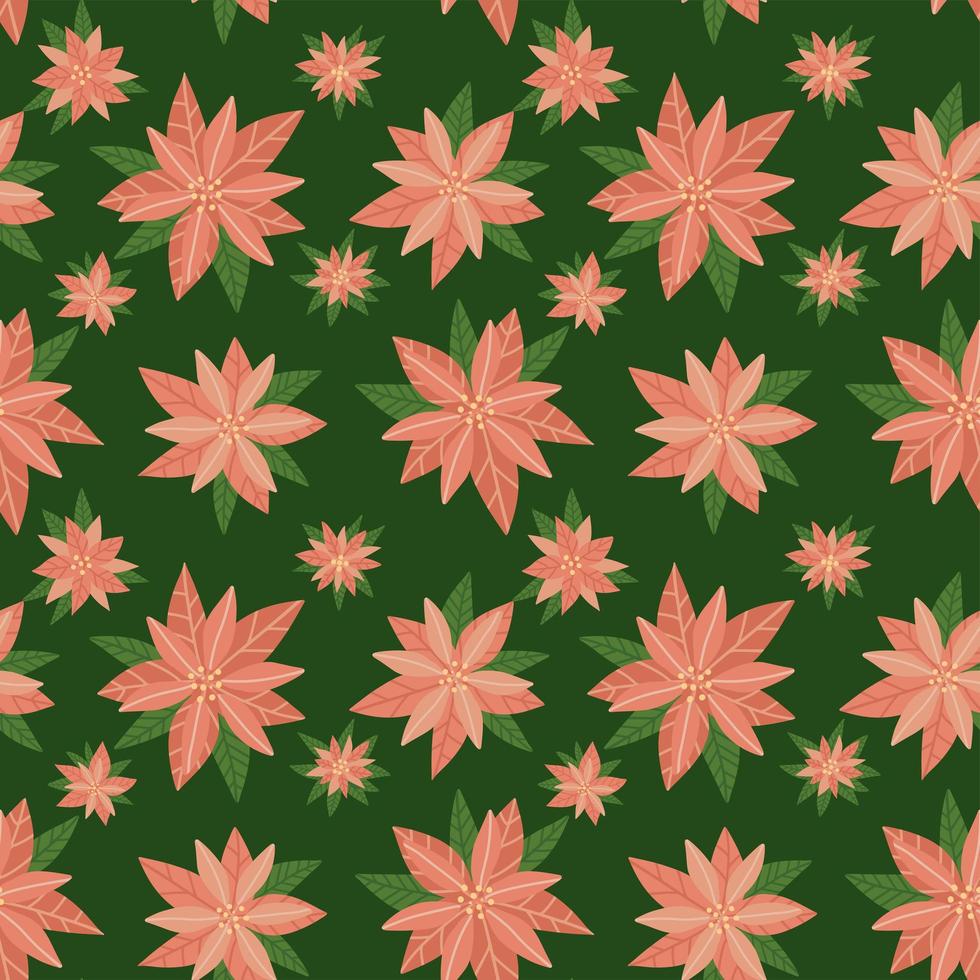 Poinsettia Christmas seamless pattern. Trendy floral holiday xmas background. Botanical print only with winter flowers on green background. Flat vector illustration.