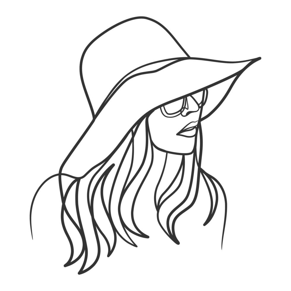 Continuous line art drawing of woman face with hat vector