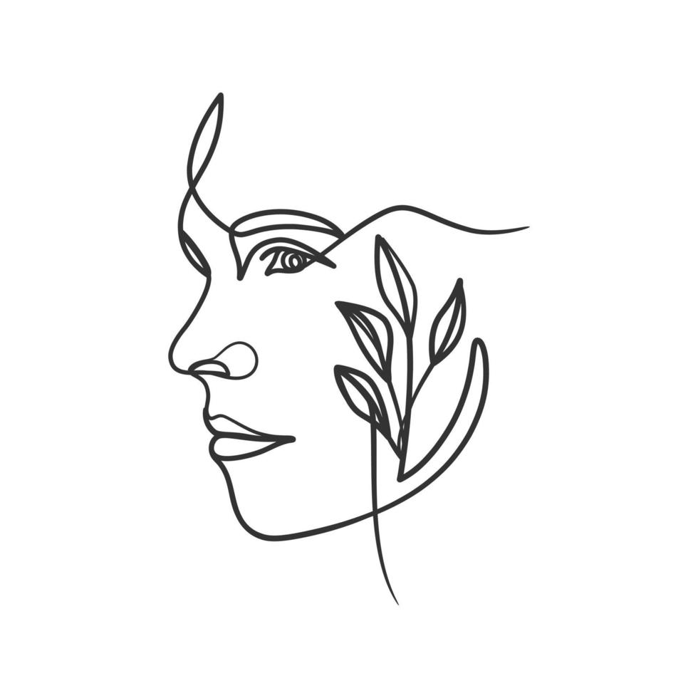 Continuous line drawing of woman face. Woman face with plant vector