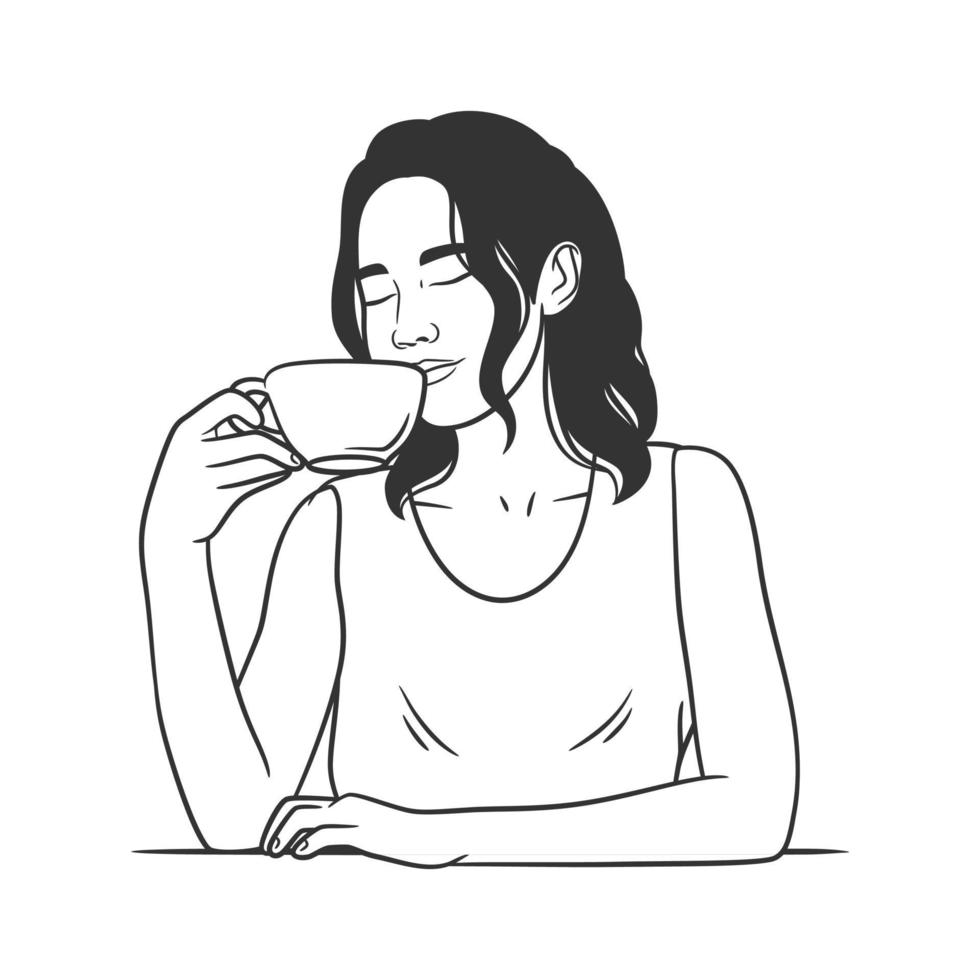 Line art drawing of women drinking coffee or tea vector