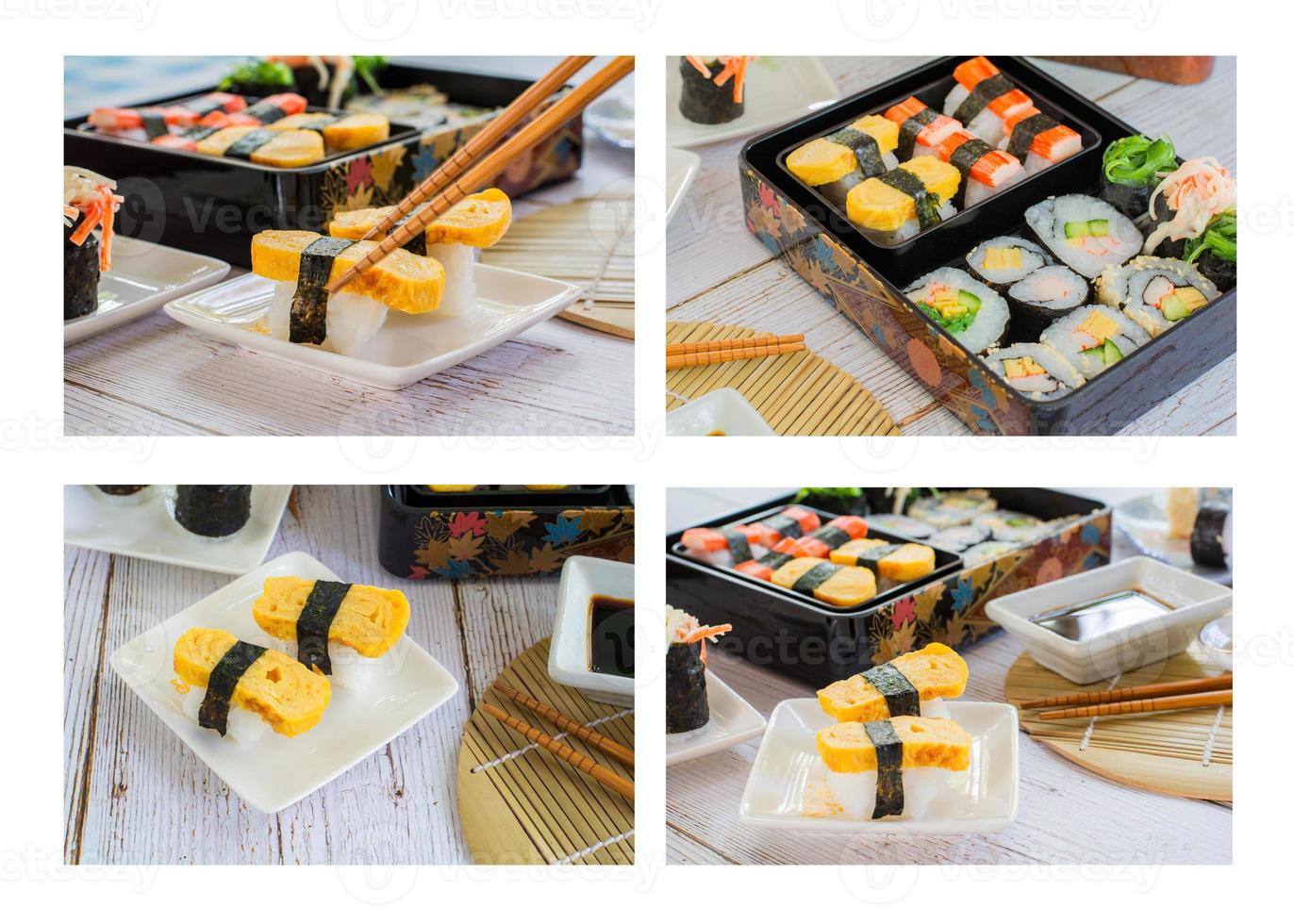 conjunto de sushi variado, tamagoyaki, sushi de palitos de cangrejo y maki en caja bento servido con salsa de soja y wasabi. deliciosa comida japonesa. foto