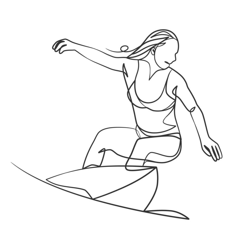 dibujo de línea continua de una chica surfista con una tabla de surf vector