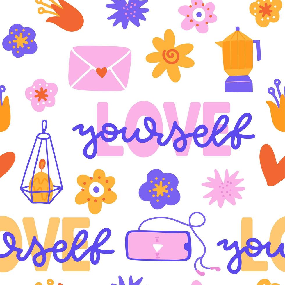 Modern hand lettering seamless pattern with motivational phrase - love yourself. Ornate background with flowers, candle, music, coffee. Typography sayings backdrop for textile. Vector illustration.