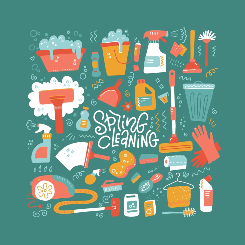 Cleaning tools with lettering in color doodle style. Spring cleaning text. Instruments for washing set. Purifying service. Bucket, broom and detergent. Vector flat hand drawn illustration.