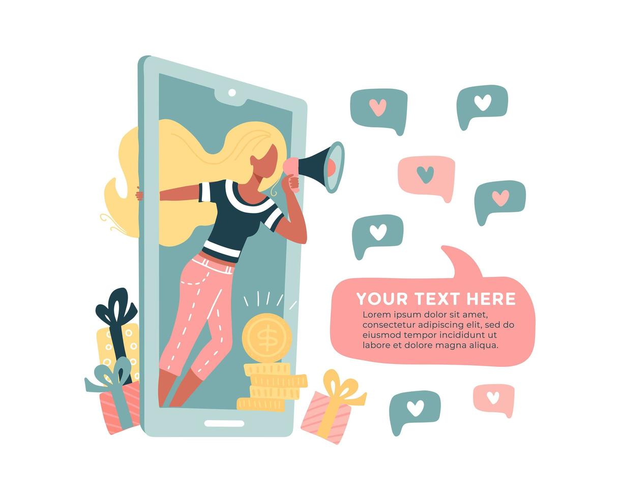 Young woman holding a megaphone in her hand while announcing an important announcement. Blond girl speaking with a loudspeaker with large phone behind, coins, and website. Flat vector text in bubble.