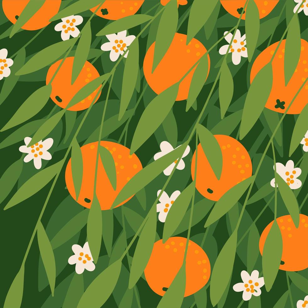 Stylish orange flowering branches background. Citrus backdrop design. Fruit print on green background. Flat vector illlustration.