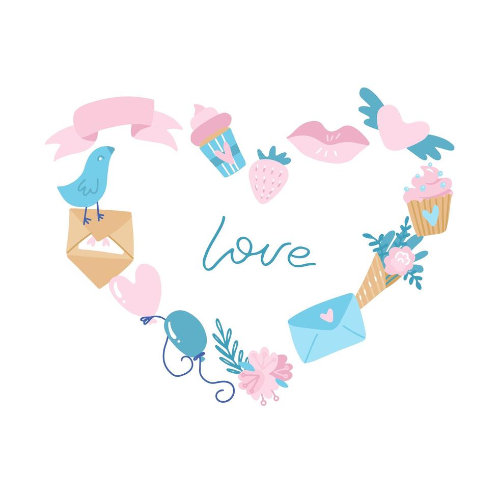 feliz pancarta del día de san valentín. marco en forma de corazón del sobre, cupcake, flor y globos. fondo de vector dibujado a mano flan romántico