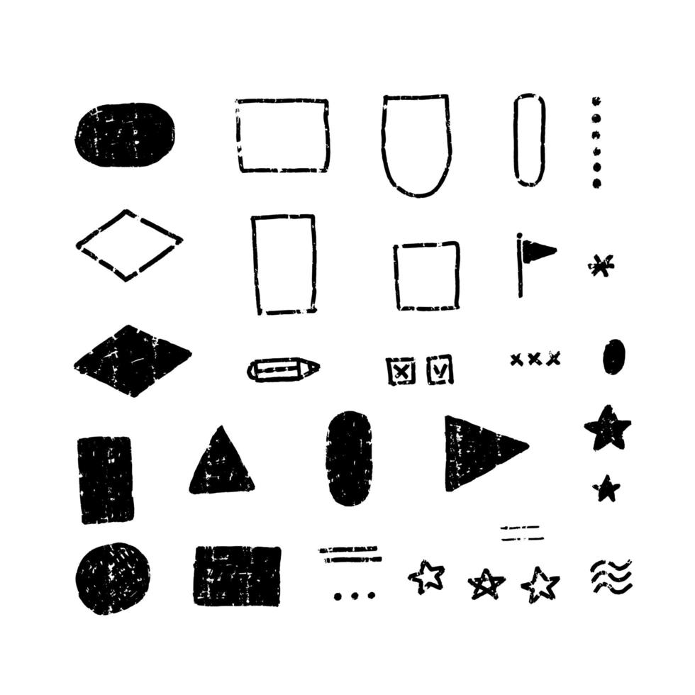 Set of Grunge Rubber Texture Stamp .Vector simple flat Illustration. Different shapes and lines. Black on white isolated squares, triangles, circles. vector