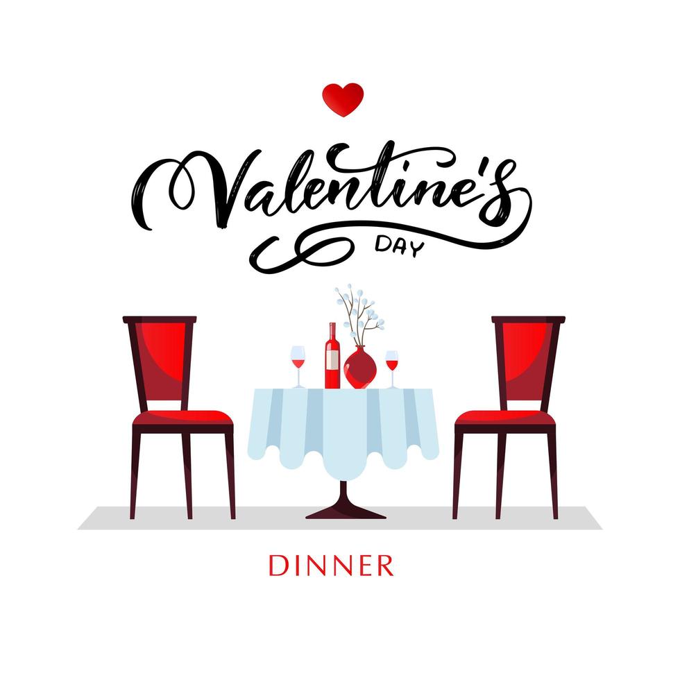 cena romántica para el día de san valentín. una mesa con un mantel blanco, servida con vasos, vino y porcelana ilustración de cena de estilo vectorial plano con letras. vector