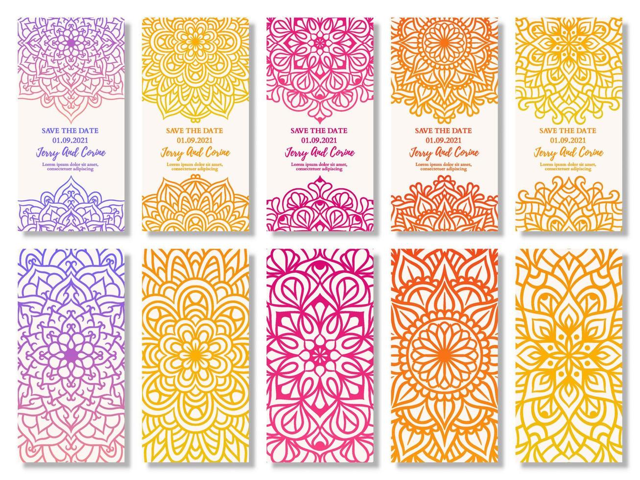 Set of vintage wedding invitation card with mandala gradient design vector