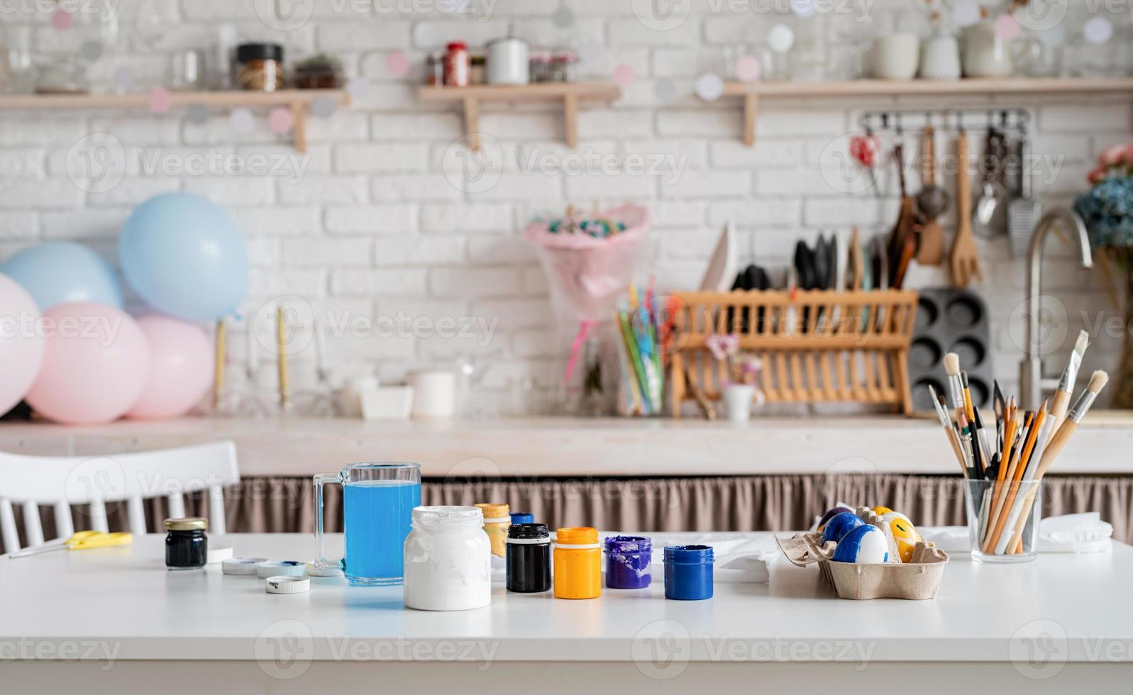 Interior of home kitchen decorated for Easter holiday celebration photo