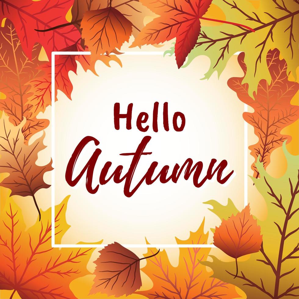 Vector background with hand lettering Hello autumn and leaves