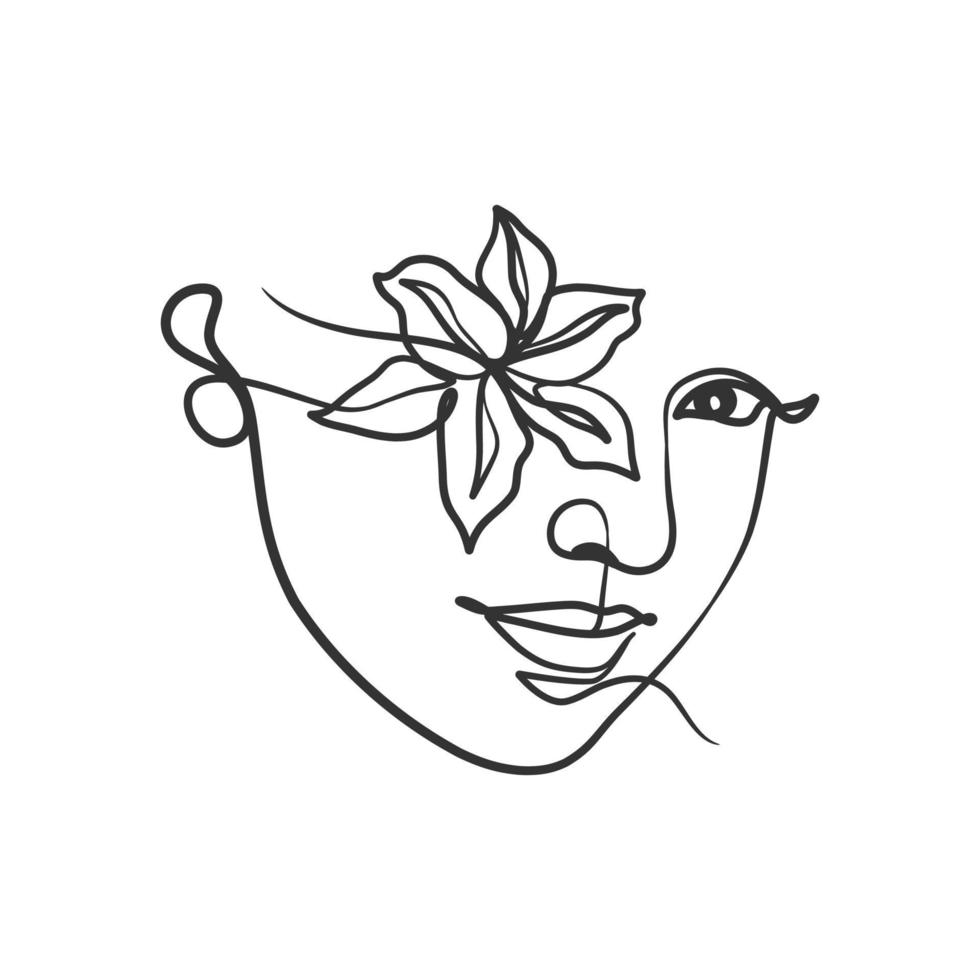 Continuous line drawing of woman face. Woman face with plant vector