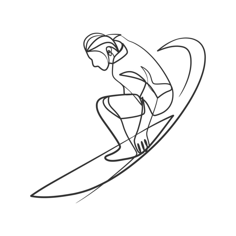 dibujo de línea continua de un surfista con una tabla de surf vector