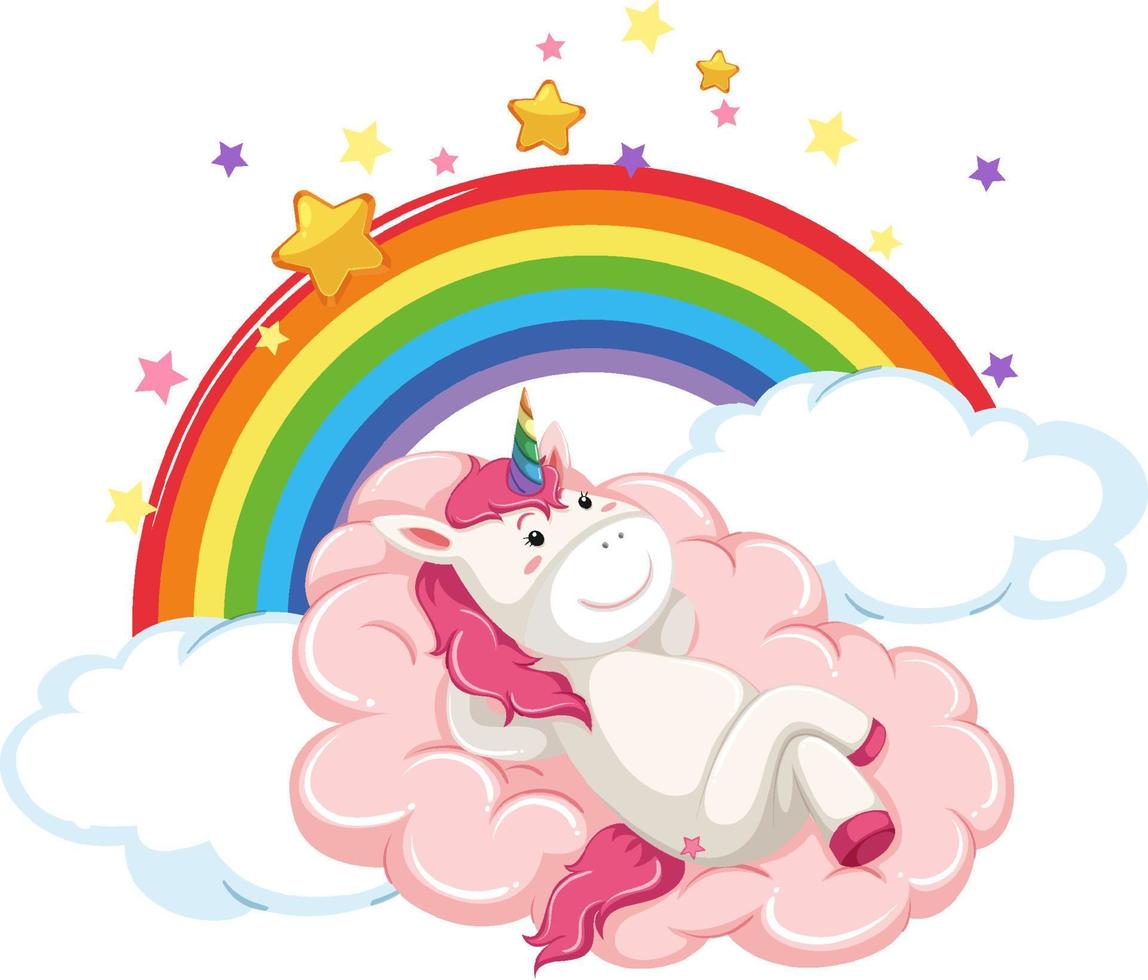 Pink unicorn lying on a cloud with rainbow vector