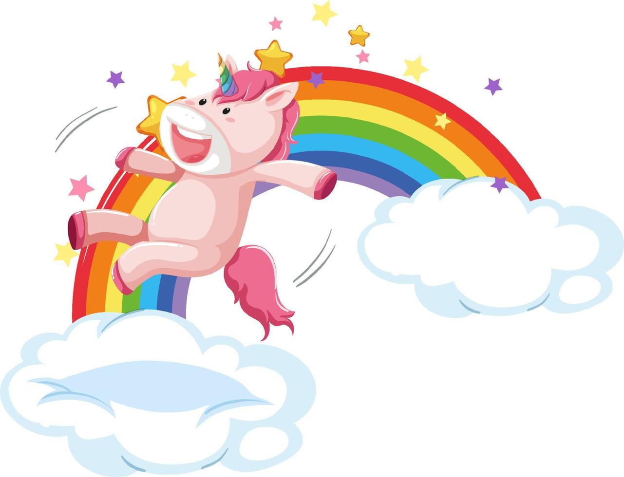 Pink unicorn jumping on a cloud with rainbow vector