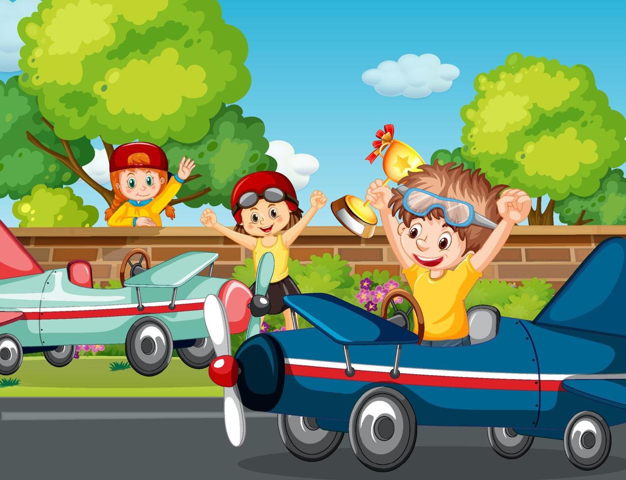 Outdoor scene with children racing car vector