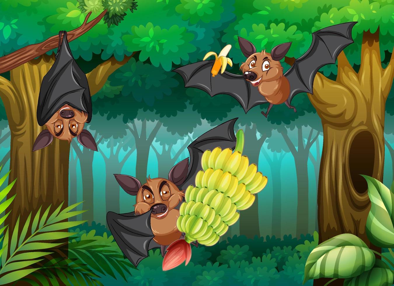 Forest scene with group of bats in cartoon style vector