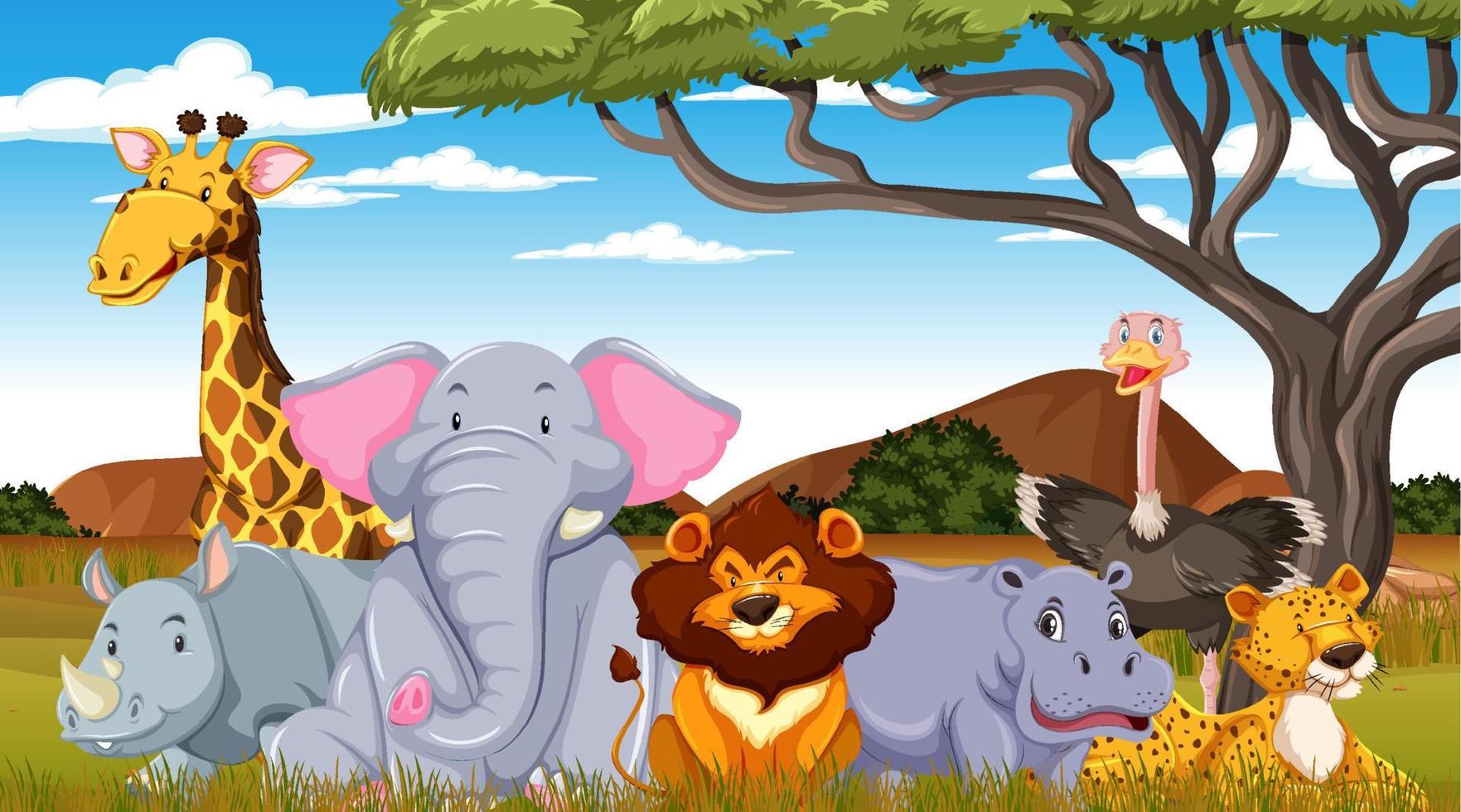 Wild animals in savanna forest scene vector