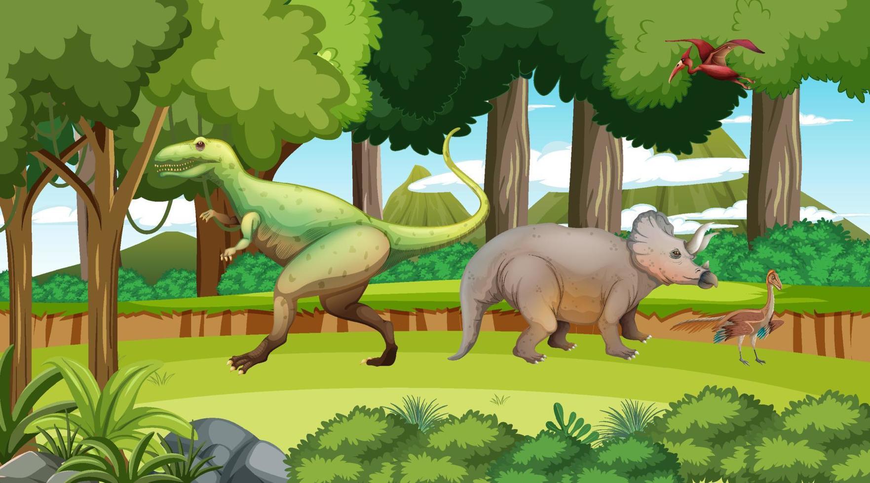 dinosaurio en la escena del bosque prehistórico vector