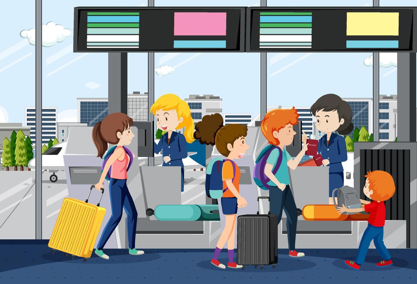 Passengers with luggage at check-in counters vector