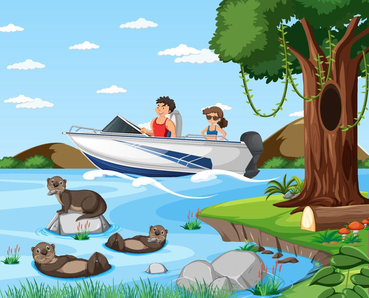 River forest scene with traveller on a speed boat vector