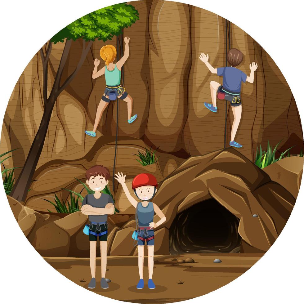 Scene with people climbing rocky moutain on circle artboard vector