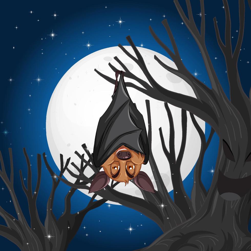 A bat hanging on tree at night scene vector